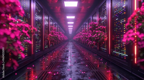 Server room data center. Backup, mining, hosting, mainframe, farm and computer rack with storage information. 3d render photo