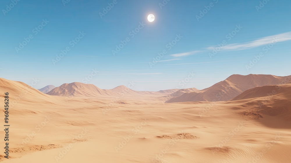 A vast desert landscape with towering sand dunes under a clear, cloudless sky. A vast desert landscape with towering sand dunes under a clear, cloudless sky.