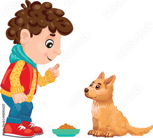 Young boy is pointing at a bowl of dog food, teaching his puppy to wait