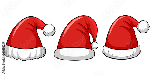  set of cute red Santa Claus hats, simple vector illustration