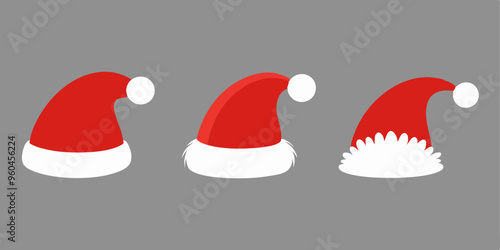  set of cute red Santa Claus hats, simple vector illustration