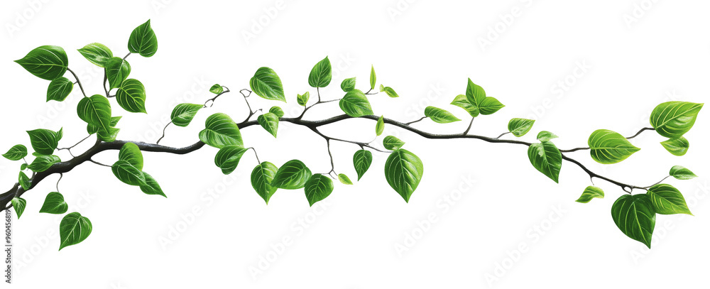 Detailed botanical illustration of a green branch with leaves, isolated in PNG format against a transparent background, showcasing sharp focus and natural, realistic foliage