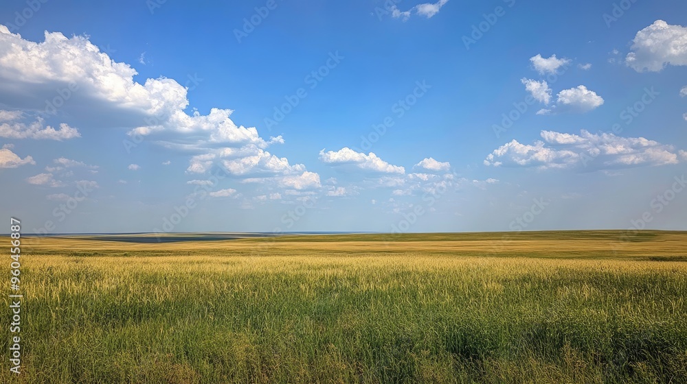 A vast prairie with golden wheat fields stretching to the horizon, under a big blue sky. A vast prairie with golden wheat fields stretching to the horizon, under a big blue sky.