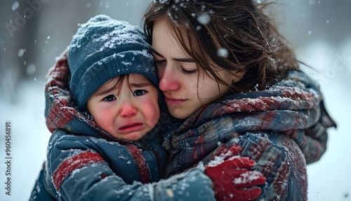 Mother and child braving the winter snow, warmth in embrace amidst tears and chilly winds photo