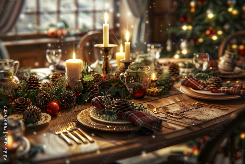 Fototapeta premium A warm illustration of a cozy Christmas dinner table with a rustic wooden tabletop, beautifully decorated with pine cones, holly, plaid napkins, and the soft glow of candlelight