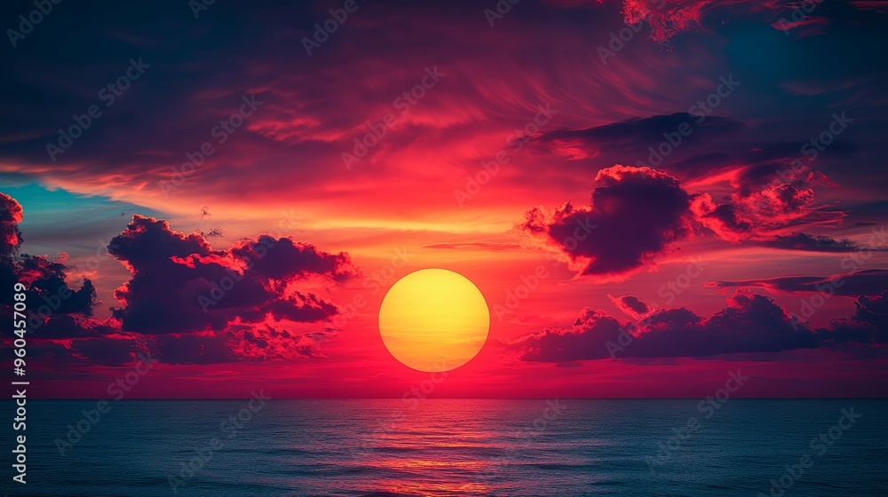 Dramatic Sunset Over a Calm Ocean with Red and Purple Clouds Dramatic Sunset Over a Calm Ocean with Red and Purple Clouds