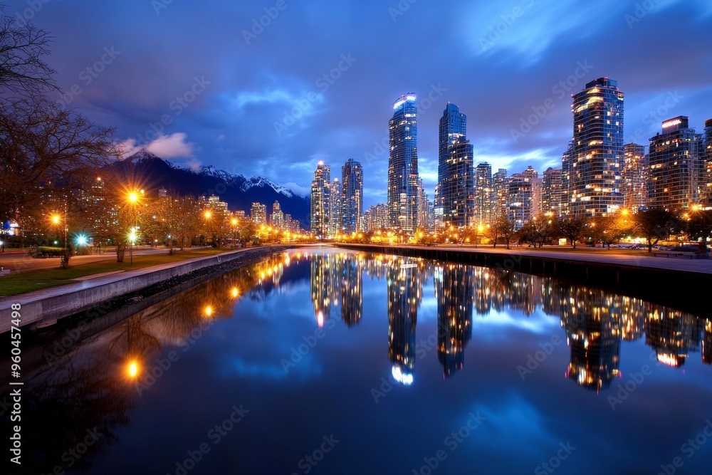Fototapeta premium Panoramic photo, cityscape reflection, mirrored in water shows the cityâ€™s lights doubled in the calm surface of a river or lake