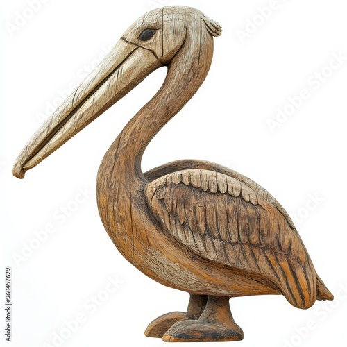 A beautifully carved wooden pelican stands proudly showcasing detailed craftsmanship photo