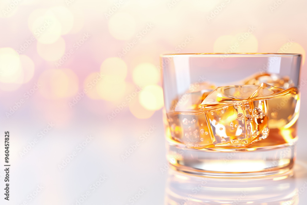 This setting features a glass filled with whiskey and ice cubes resting on a sleek surface, reflecting warm light that enhances the mood of the space This setting features a glass filled with whiskey and ice cubes resting on a sleek surface, reflecting warm light that enhances the mood of the space