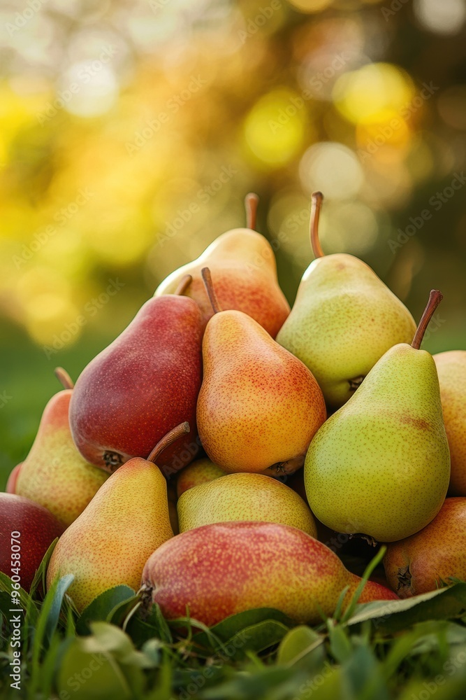 A pile of fresh pear closeup view on lawn in orchard with trees A pile of fresh pear closeup view on lawn in orchard with trees