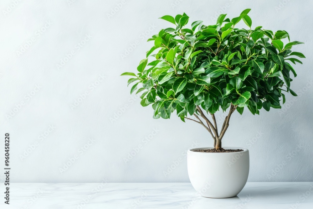 Ficus in a white clay pot on a table on a white background. Green indoor plant in a ceramic pot. Copy space. Ficus in a white clay pot on a table on a white background. Green indoor plant in a ceramic pot. Copy space.