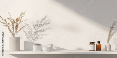 Wallpaper Mural Minimalist shelf with skincare products and dried flowers. Torontodigital.ca