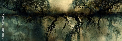 This unique, abstract landscape features upside-down trees with roots suspended in the air crafting an imaginative and peculiar forest that challenges traditional nature, unusualness explosion, banner photo