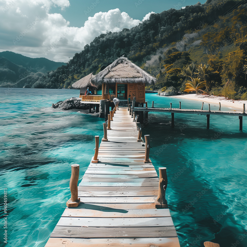 Generative AI illustration. Panorama of Water Villas at Tropical beach at summer day Generative AI illustration. Panorama of Water Villas at Tropical beach at summer day