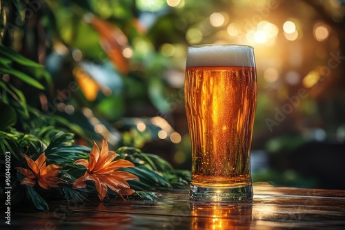 refreshing lager beer glass lush jungle backdrop golden brew tropical ambiance enticing beverage photography photo