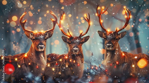 deer with christmas lights on antlers in winter snow background