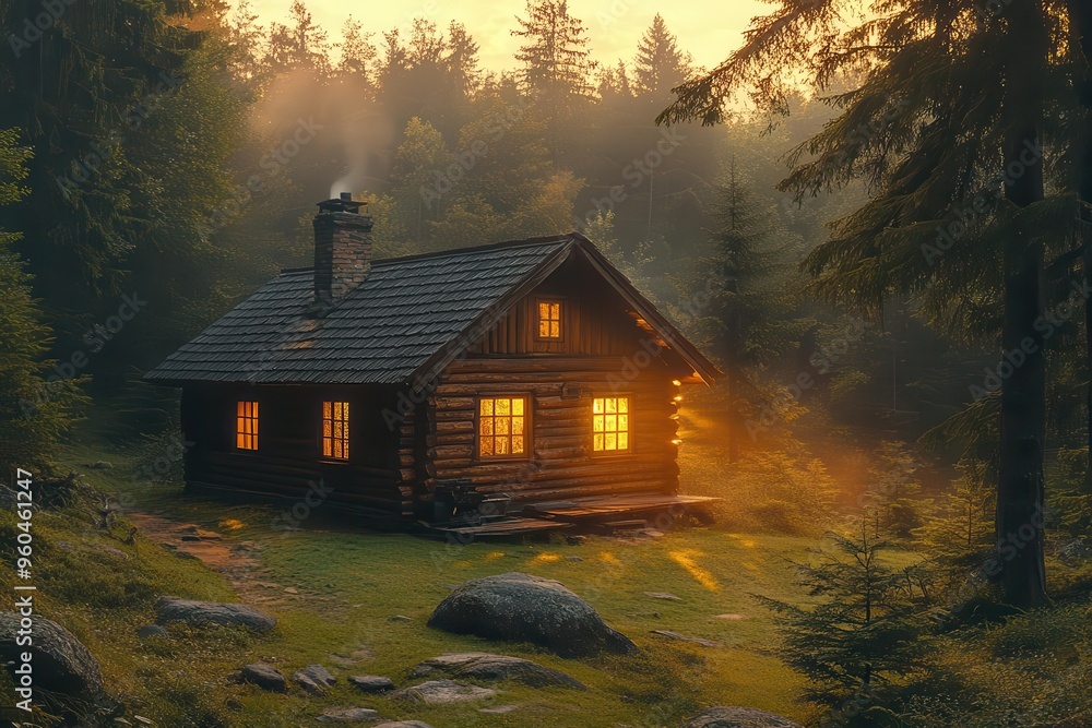 secluded log cabin nestled in lush pine forest warm golden light ...