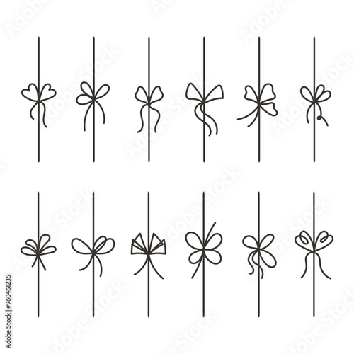 Simple bow doodle set. Line bows on ribbon. Bow on string set decoration. Bowknot for package, letter. Illustration