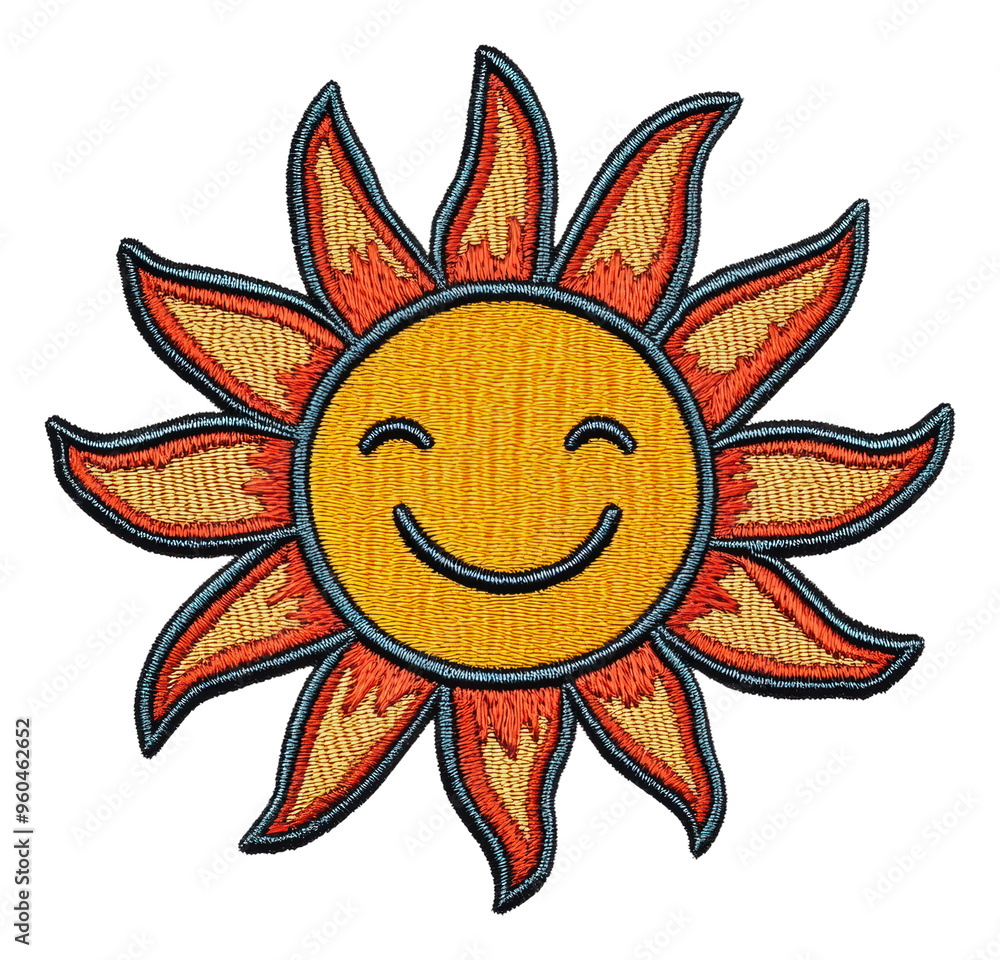 Happy sun patch design with vibrant rays for kids, cut out - stock png. Happy sun patch design with vibrant rays for kids, cut out - stock png.