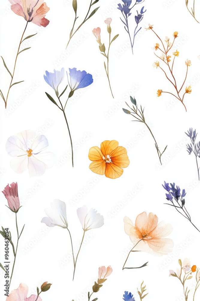 Pattern of colorful wildflowers and delicate branches on a white background. Floral and botanical design concept Pattern of colorful wildflowers and delicate branches on a white background. Floral and botanical design concept