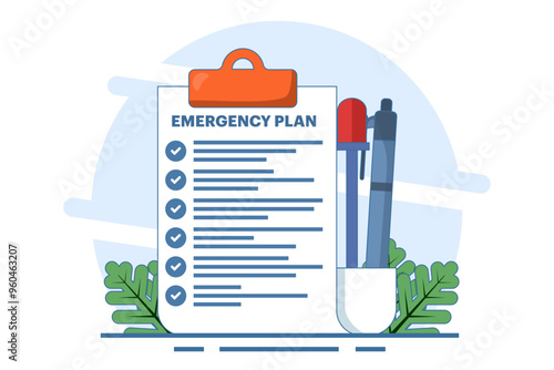 Business emergency plan concept, disaster checklist, business continuity and resilience building concept, pencil with blinking emergency plan paper. flat vector illustration on background.