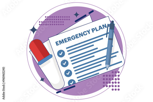 Business emergency plan concept, disaster checklist, business continuity and resilience building concept, pencil with blinking emergency plan paper. flat vector illustration on background.