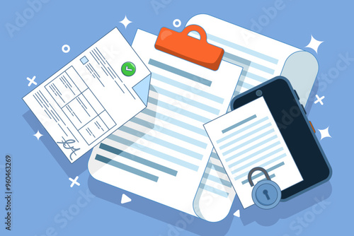 Contract Signing Concept. Signing legal document, electronic contract, online agreement document. Reading and signing the terms and conditions of the contract. Flat web vector illustration.