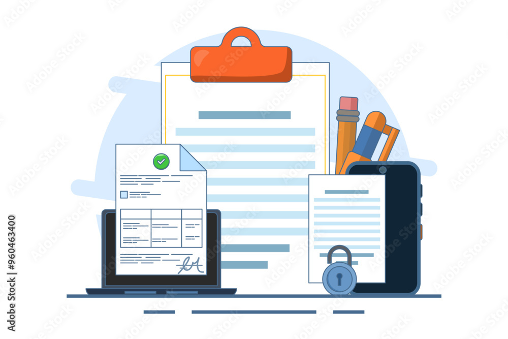 Contract Signing Concept. Signing legal document, electronic contract, online agreement document. Reading and signing the terms and conditions of the contract. Flat web vector illustration. Contract Signing Concept. Signing legal document, electronic contract, online agreement document. Reading and signing the terms and conditions of the contract. Flat web vector illustration.