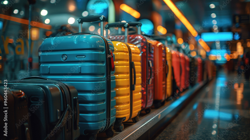Fototapeta premium A vibrant row of colorful suitcases waiting at a bustling airport terminal during the evening rush hour. Generative AI