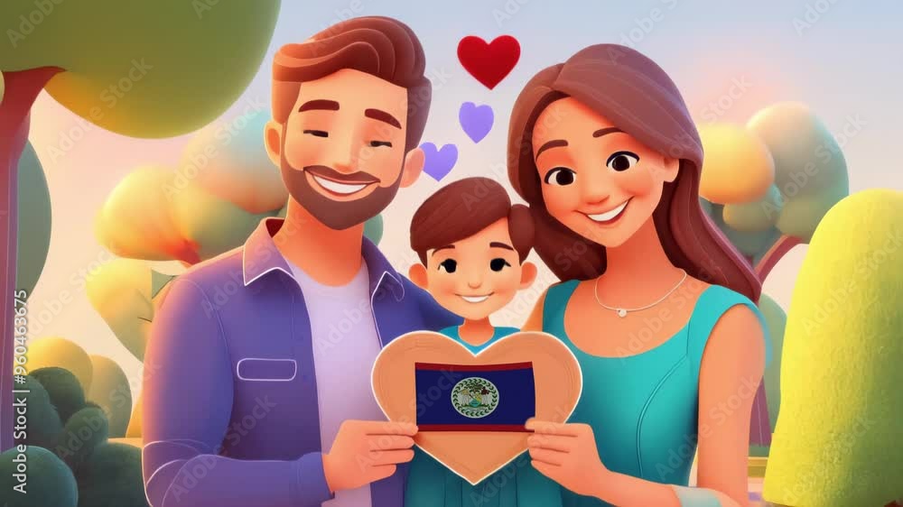 A Family Holding A Heart-Shaped Frame With Belize Flag, 3D Rendered A Family Holding A Heart-Shaped Frame With Belize Flag, 3D Rendered