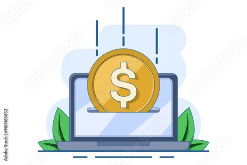 Digital Money Concept with Laptop. Manage transfer, income, online, payment, loan, profit, economy and finance. Flat vector illustration isolated on background.