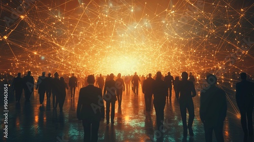 Silhouettes of people walking towards an illuminated network of connections