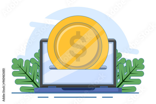 Digital Money Concept with Laptop. Manage transfer, income, online, payment, loan, profit, economy and finance. Flat vector illustration isolated on background.