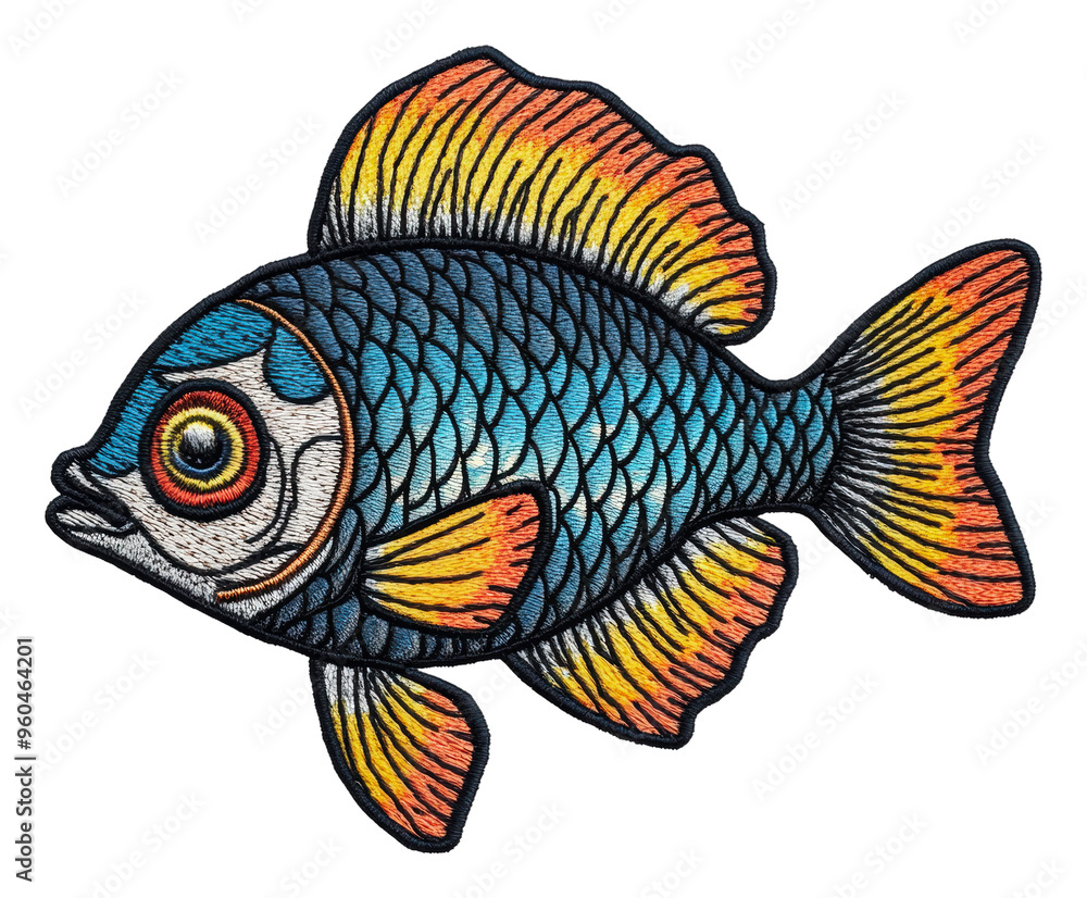 Vibrant embroidered fish design, cut out - stock png. Vibrant embroidered fish design, cut out - stock png.