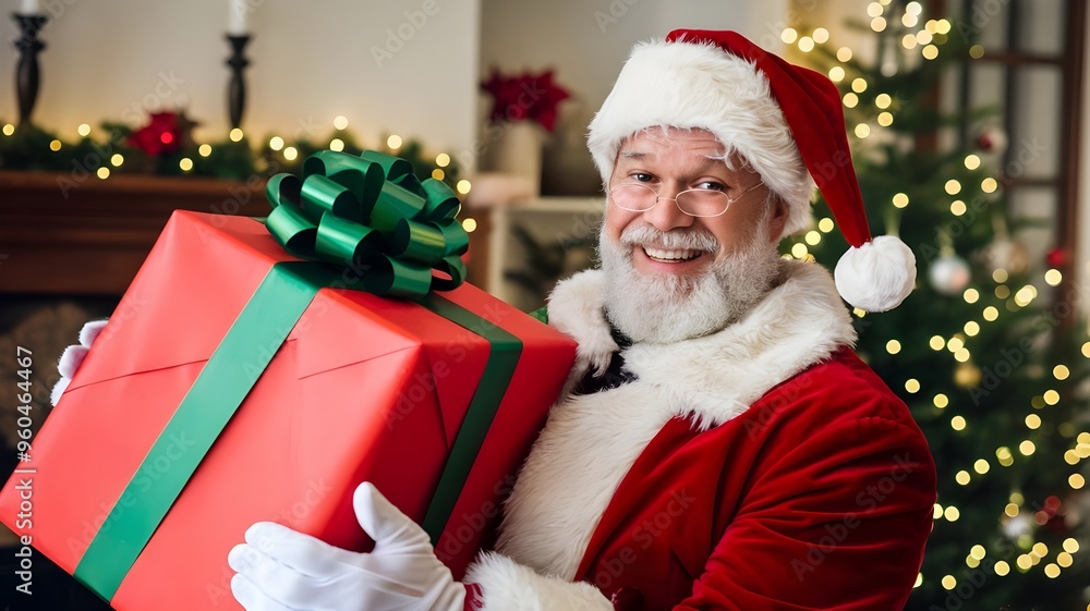 Santa Claus holding Christmas gift box, happy smiling old man photo present Santa Claus holding Christmas gift box, happy smiling old man photo present