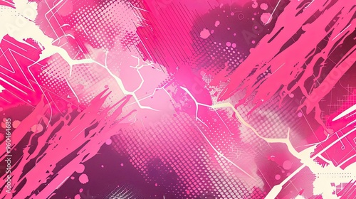 Zigzag patterns and halftone lightning bolts in a pink pop art background