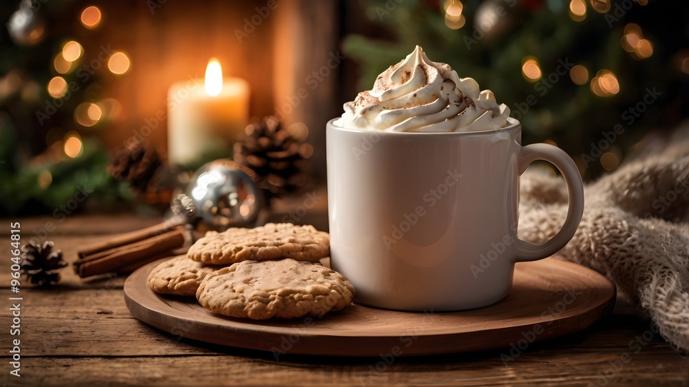 Mug of hot chocolate with whipped cream and cookies, cozy Christmas still life photo Mug of hot chocolate with whipped cream and cookies, cozy Christmas still life photo