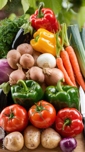 A photo of a variety of vegetables. There are red tomatoes, green peppers, yellow onions, orange carrots, purple eggplants, and white potatoes. They are arranged in a hierarchical order,