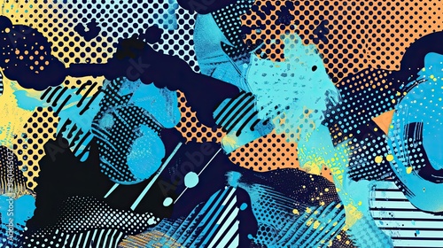 Wallpaper Mural Blue retro backdrop with bold forms comic motifs and layered halftone textures Torontodigital.ca