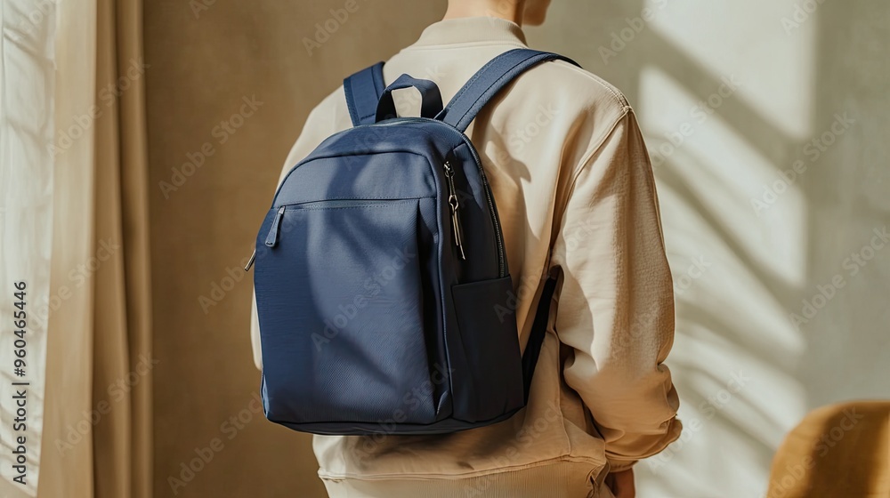 © MiguelAngel - An unrecognizable young Asian person, with a blue backpack hanging on his back, indoor photo. © MiguelAngel - An unrecognizable young Asian person, with a blue backpack hanging on his back, indoor photo.