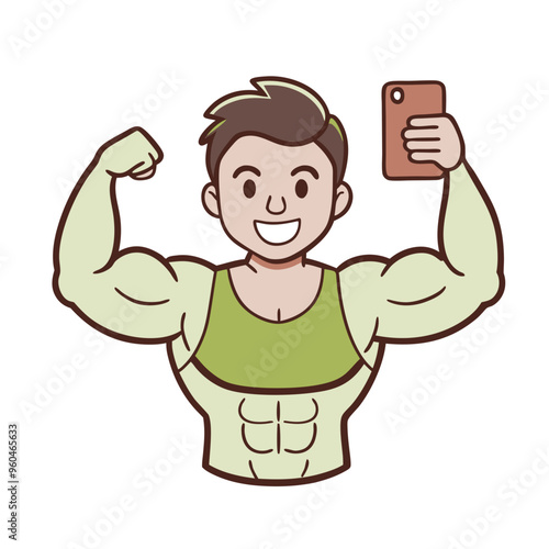 Cheerful young man flexing muscles while taking a selfie in a gym setting
