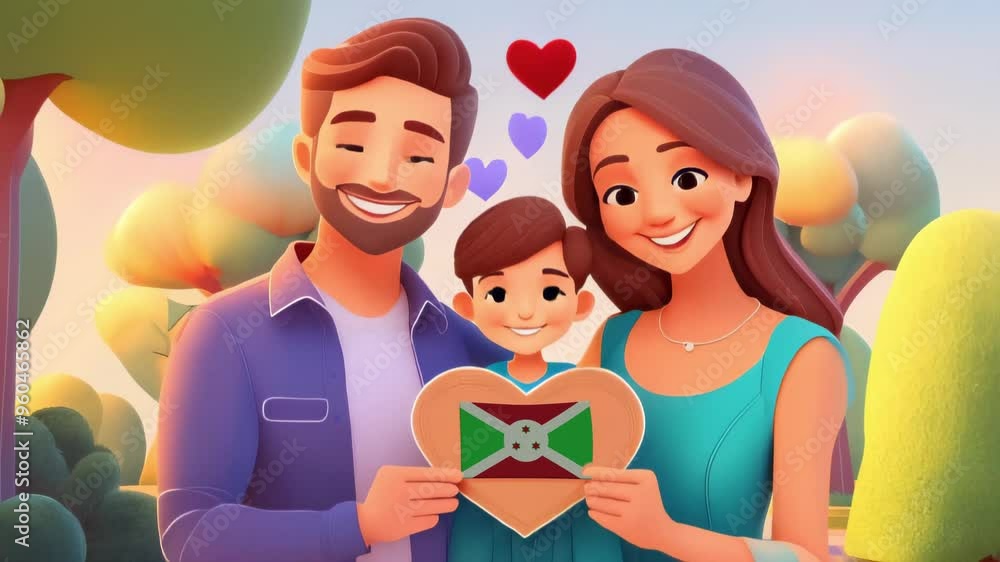 A Family Holding A Heart-Shaped Frame With Burundi Flag, 3D Rendered A Family Holding A Heart-Shaped Frame With Burundi Flag, 3D Rendered