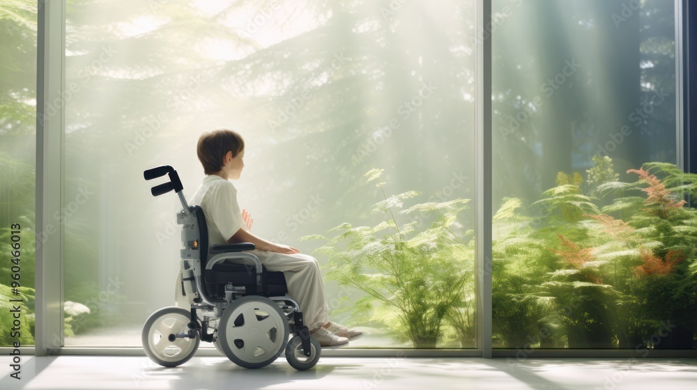 a serene child patient in a wheelchair admiring a tranquil nature scene through a serene child patient in a wheelchair admiring a tranquil nature scene through