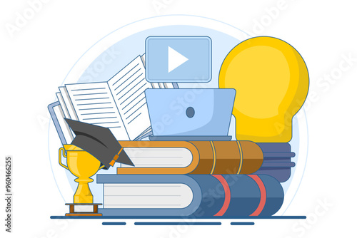 Concept of online education or distance learning, e-learning, online courses, online webinars, video tutorials, webinars, online business training, computer education, flat vector illustration.