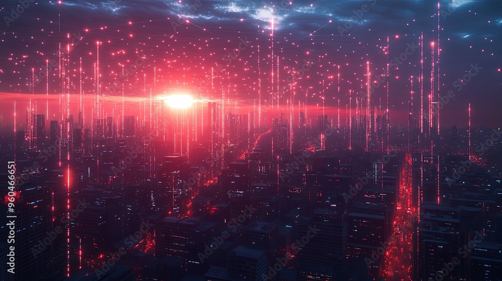 Futuristic Cityscape with Red Lights and Network Lines at Sunset Futuristic Cityscape with Red Lights and Network Lines at Sunset