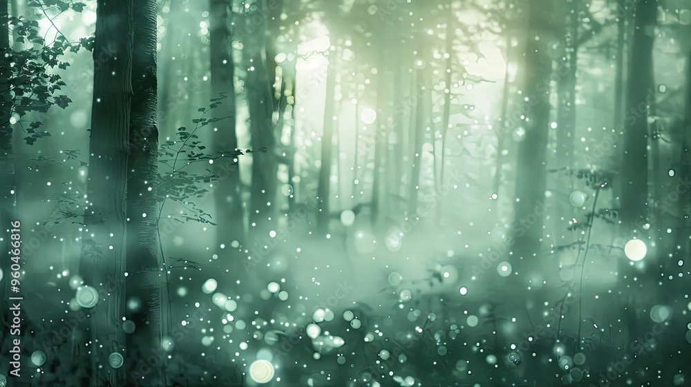 Misty forest background with scattered light and soft pastel greens and silvers Misty forest background with scattered light and soft pastel greens and silvers