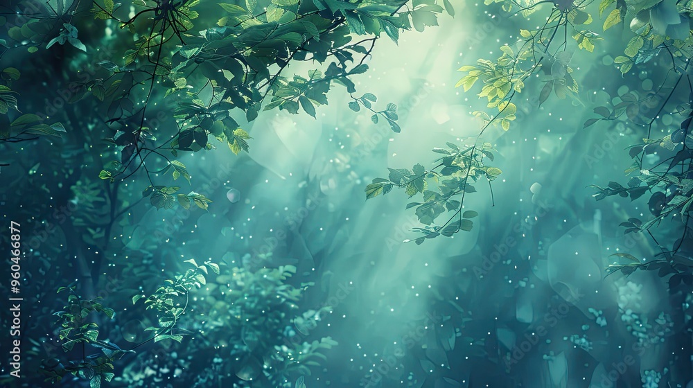 Forest background with translucent leaves and gentle soft diffused light