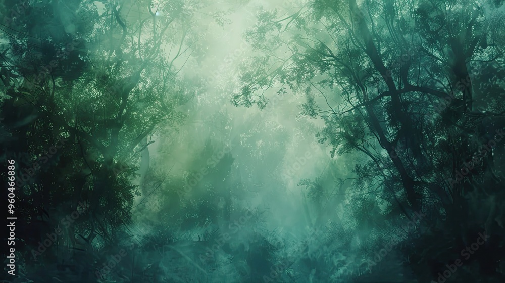 Forest backdrop with swirling mist and dappled light in green and blue shades Forest backdrop with swirling mist and dappled light in green and blue shades