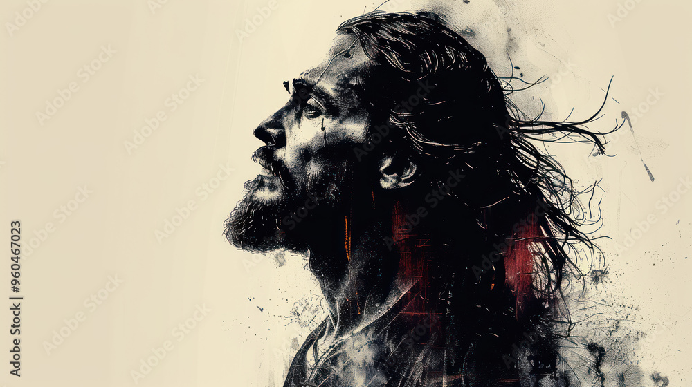 Fototapeta premium A striking portrait of a thoughtful man with long hair gazing into the distance, showcasing powerful emotions. Generative AI