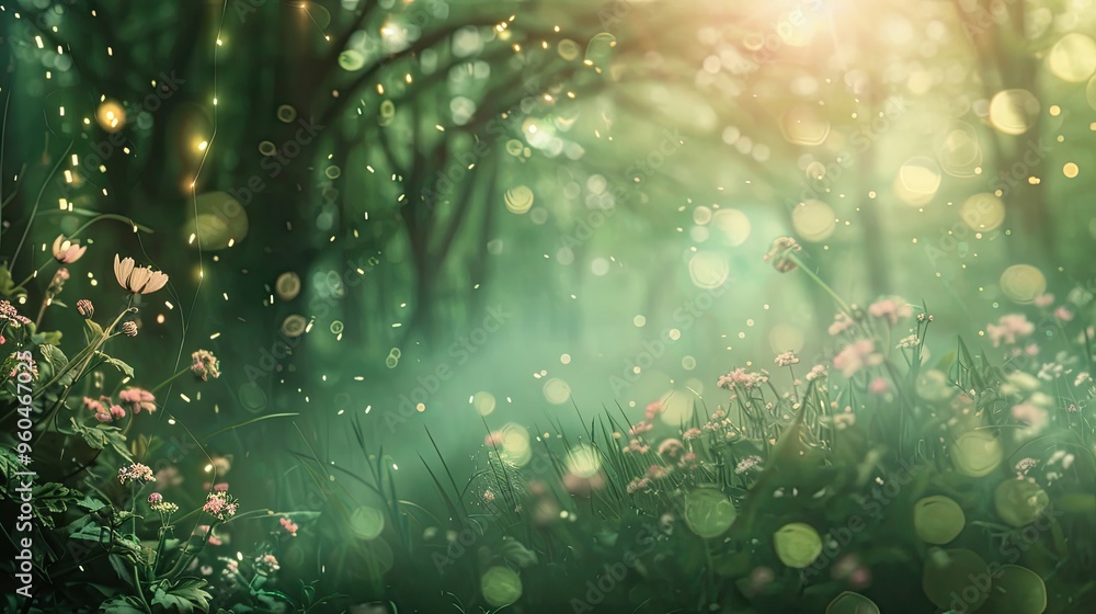 Soft-focus foliage and blurred light effects in a dreamy forest backdrop Soft-focus foliage and blurred light effects in a dreamy forest backdrop